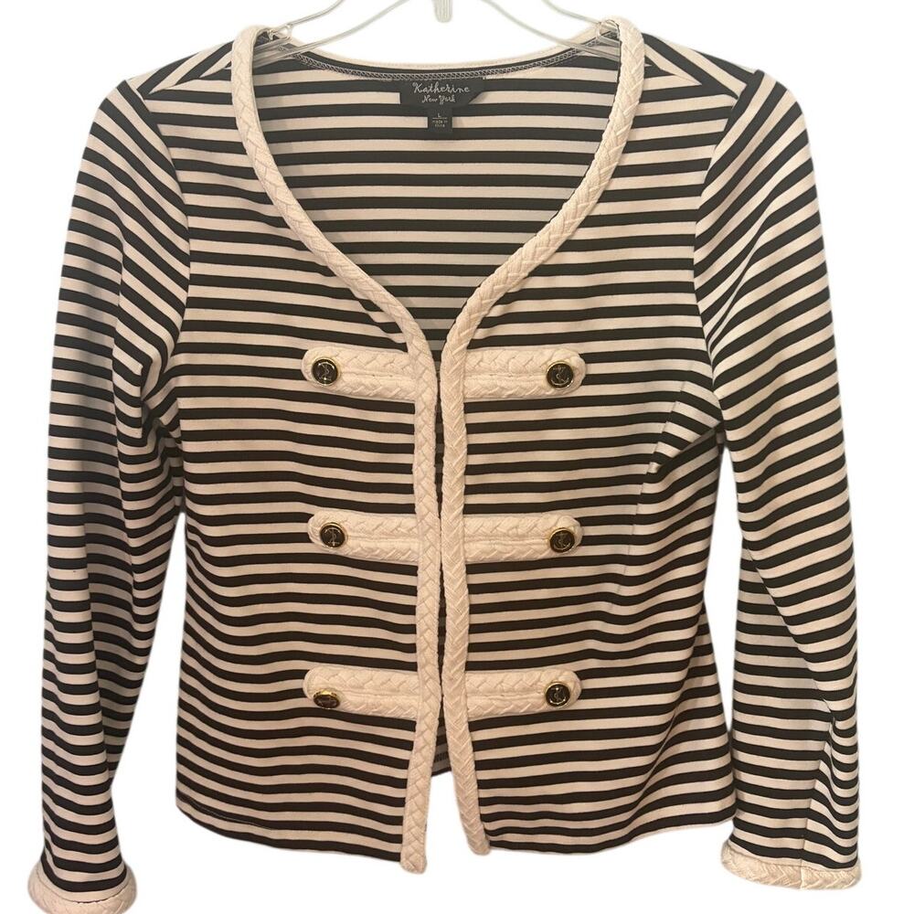 Katherine New York Nautical Striped Jacket L Black White Anchor Button Preppy